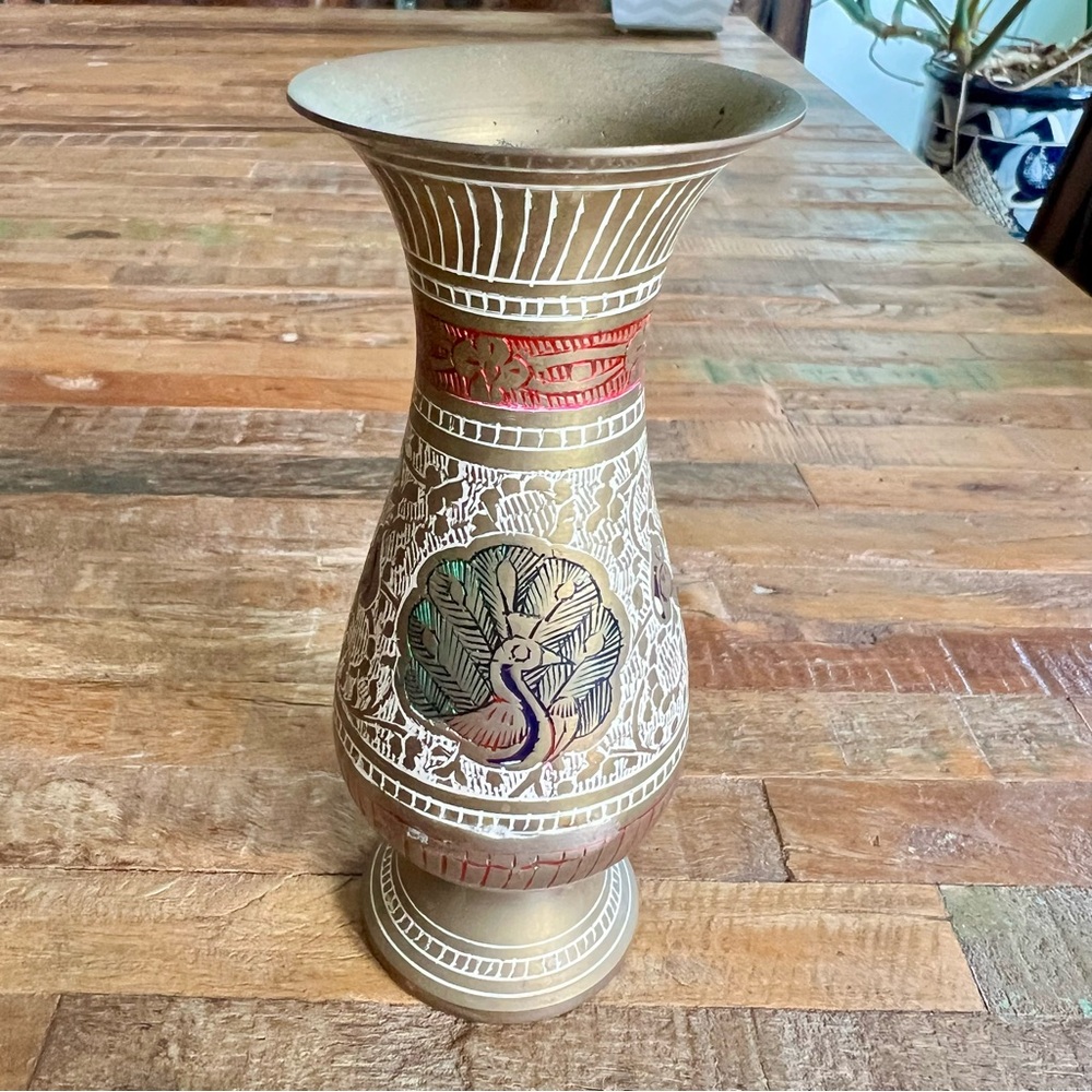 Vintage Indian Brass Vase with Etching and Painted Design - Picture 4 of 8